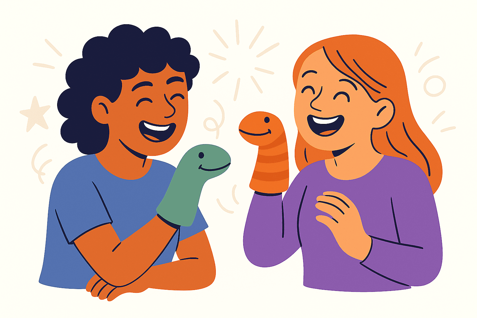 characters playing with sock puppets