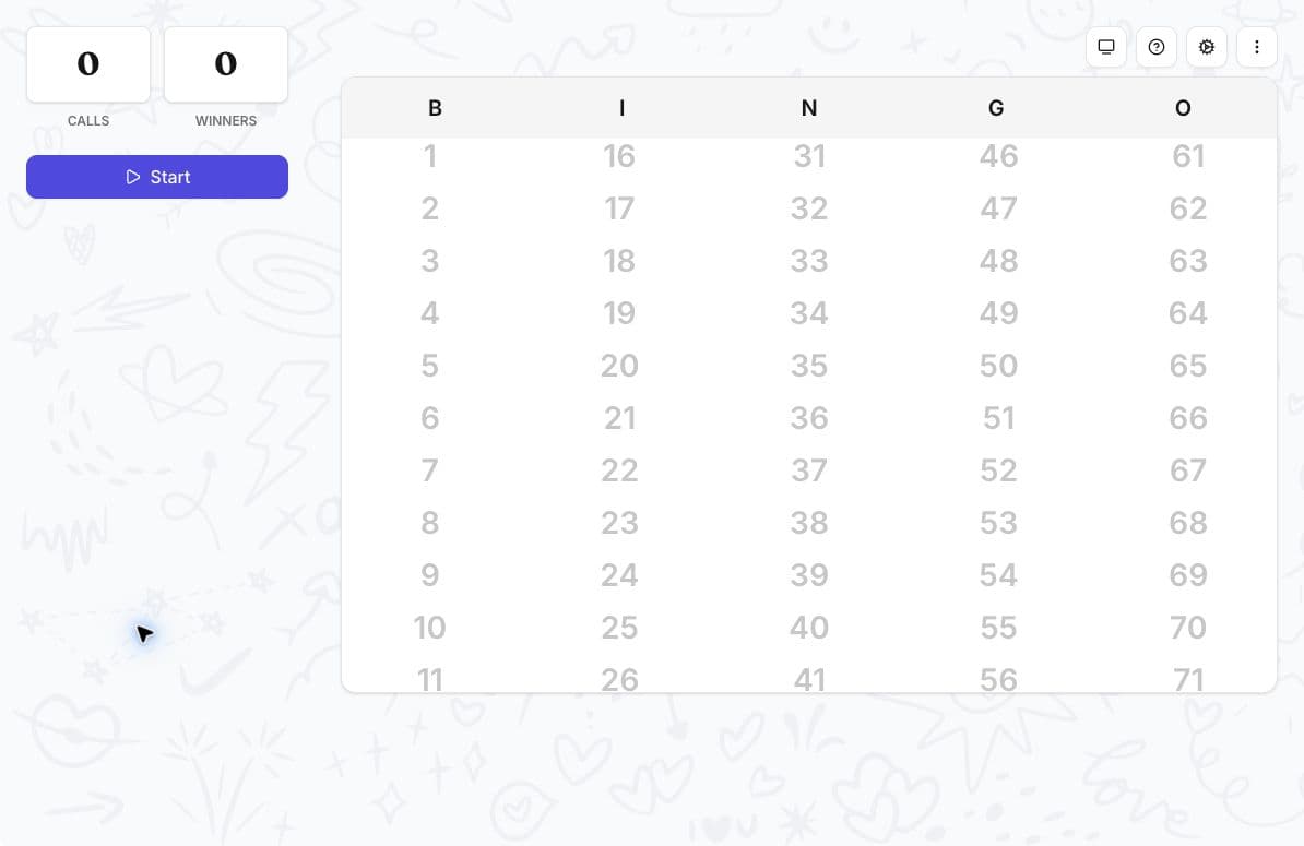 Card-linked 75-ball caller before the first call, showing Calls, Winners, Start, and the call board.
