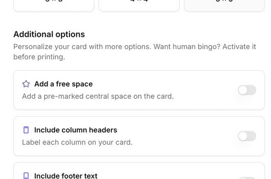 Additional options showing free space, column headers, and footer text toggles